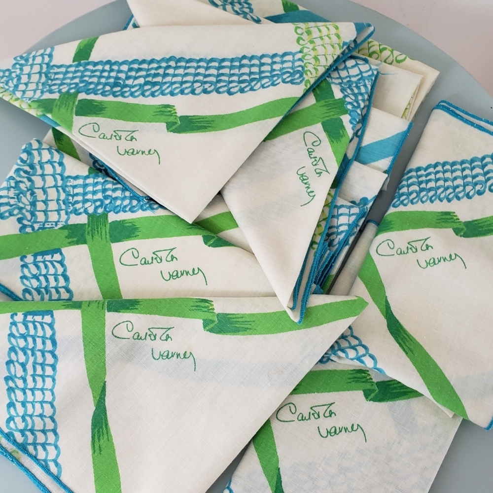 Carleton Varney Designer Vintage Napkins "Set Of 12" White Turquoise Green Sq… - Picture 6 of 16